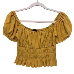 Milkmaid Puff Sleeve Peplum Top Womens Medium Mustard Yellow Cottagecore Peasant
